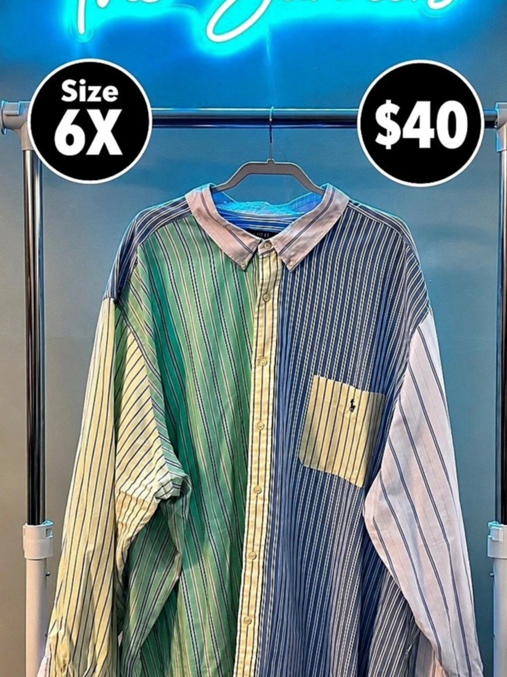 Polo Ralph Lauren Classic Fit Striped Oxford Fun Shirt Blue & Green 6X